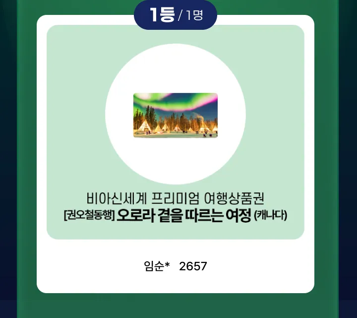 1등, 1명. 비아신세계 프리미엄 여행상품권. [권오철동행] 오로라 곁을 따르는 여정(캐나다)