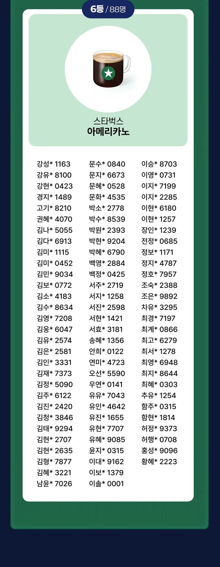 6등, 88명. 스타벅스 아메리카노